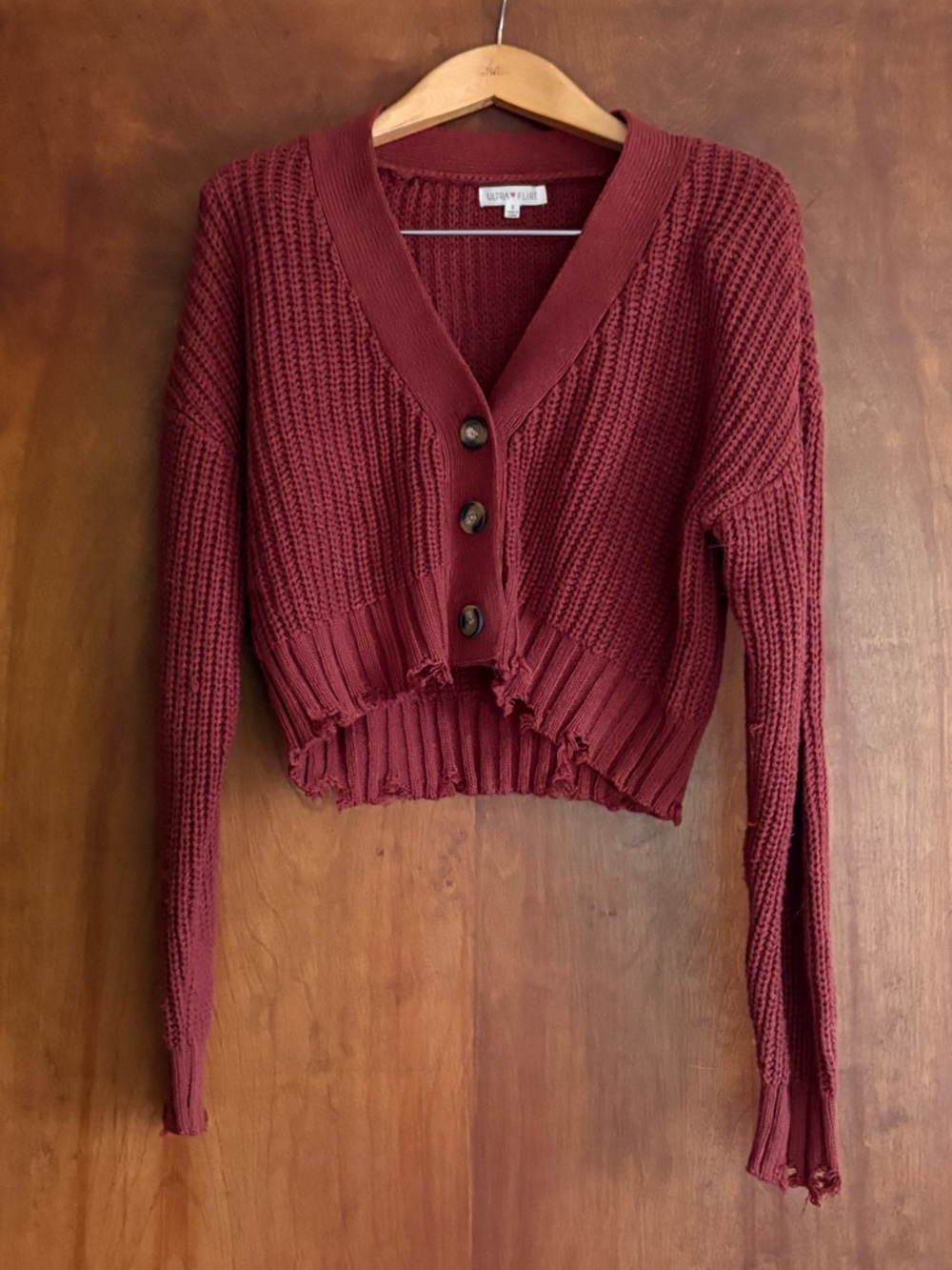 Ultra Flirt Cropped Button-Front Distressed Hem Cardigan
